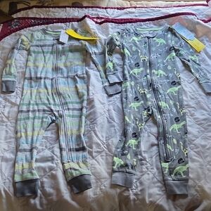 2 Cat & Jack Gray and Green Striped & Dinosaur One Pc 24mo